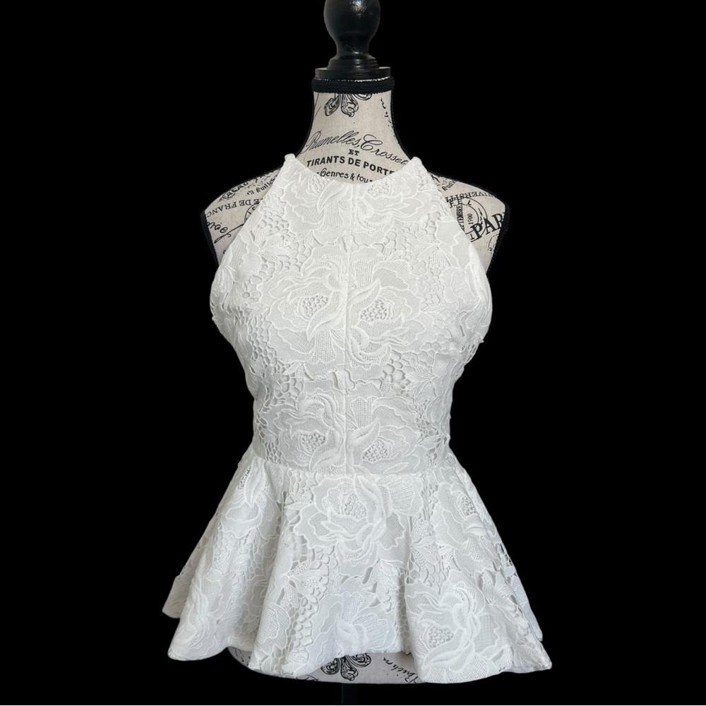 Stylestalker White Lace Halter Peplum Top Open Back Bridal Size S